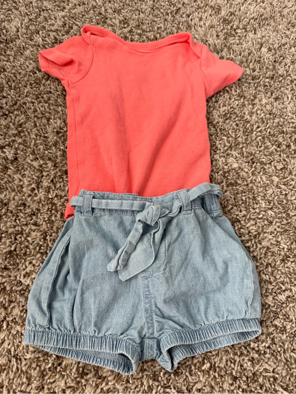 Coral Pink Bodysuit with Light Blue Denim Tie-Waist Shorts